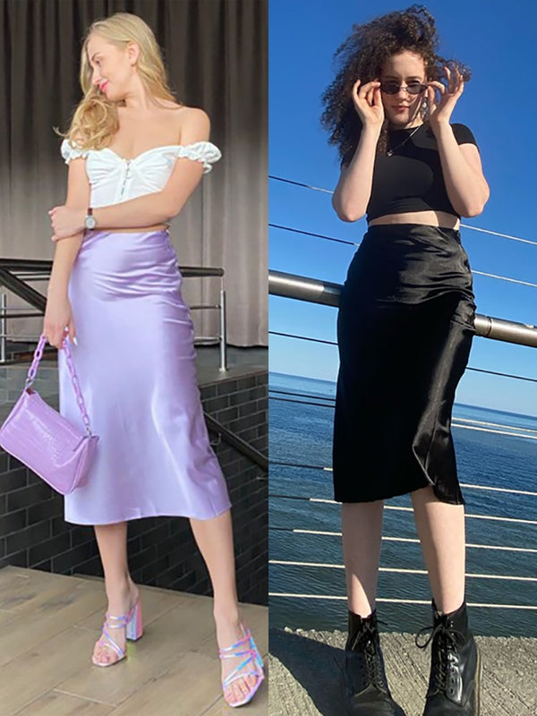 Restve Casual Women High Waisted Long Skirt Purple Satin Office Ladies Elegant Skirts Solid Silk Midi Skirt Spring Summer