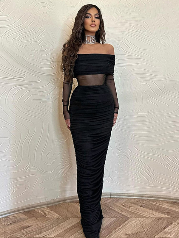 Sexy Mesh See Through Strapless Midi Dress Women Long Sleeve Backless Pleated Dress Spring Female Party Club Slim Dress