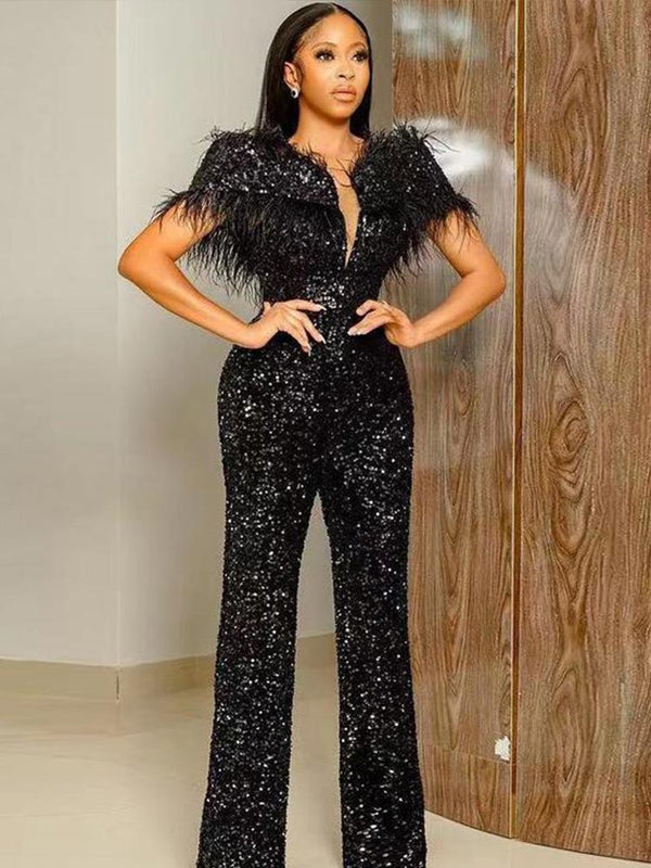 Solid Sequins Feather Jumpsuit Female Sexy V Neck Sleeveless Jumpsuit Elegant Skinny Party Club Long Rompers