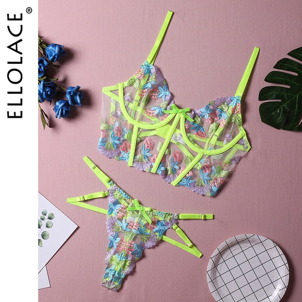 Ellolace Luxury Lingerie Sexy Floral Embroidery Set Woman 2 Pieces Underwire Bra Thongs Exotic Intimate Neon Green Underwear