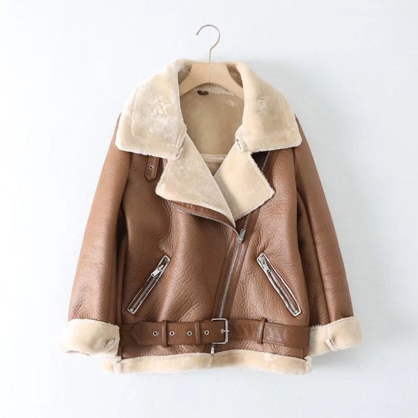 autumn new European and American style women's loose lamb wool stitching retro all-match warm motorcycle jacket