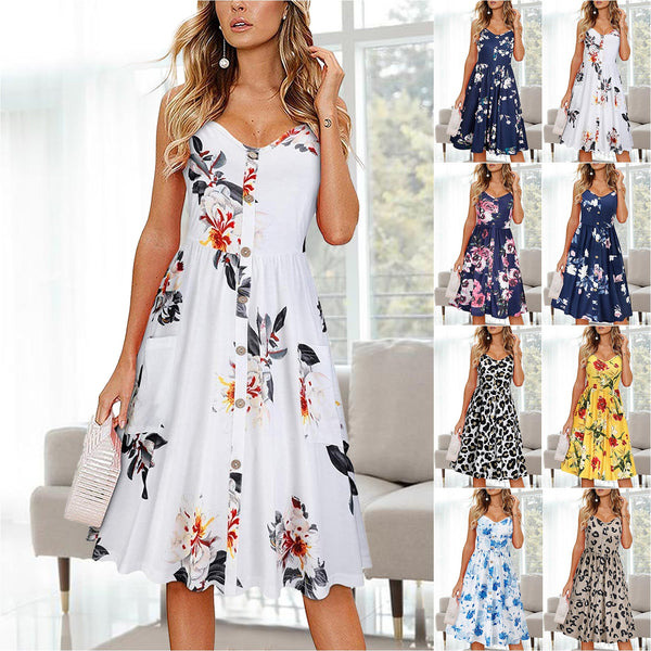 Summer Fashion Women Loose Strap Camis Elegant Dress Large Big Party Ruffles Sleeve Button Print Dresses