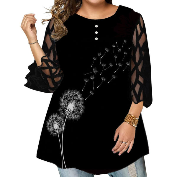 Plus Size Blouse Fashion Summer Mesh See Through Sleeve Floral Print Casual Tee Shirt Big Size Ladies Tops