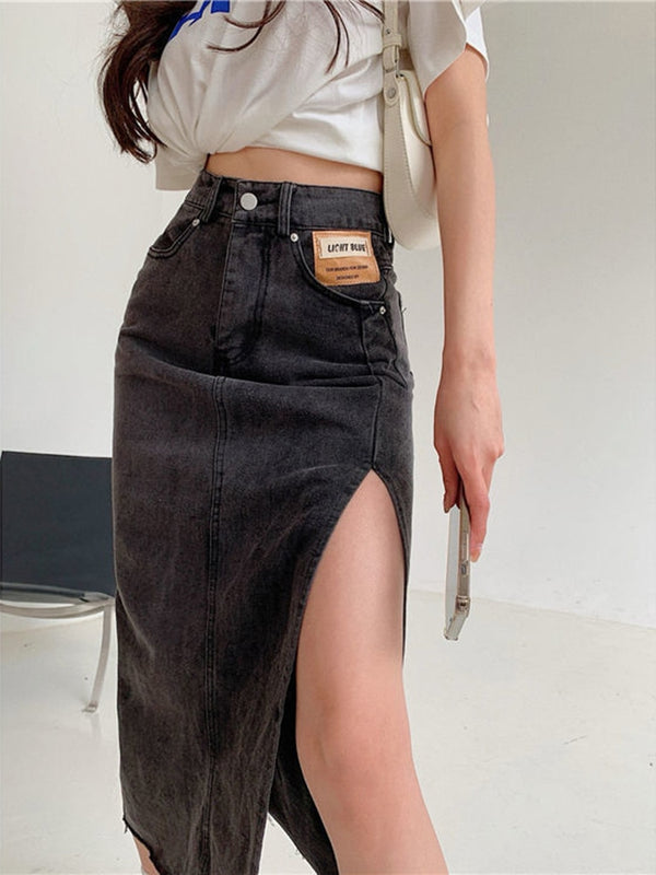 Streamgirl Maxi Jeans Skirt Women Denim Long Skirts Summer Vintage Maxi Skirt Side Split Denim Skirt Women Long