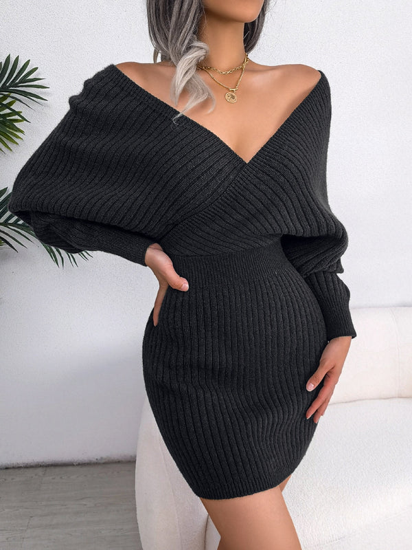 Sweater Dresses For Women Casual Deep V Neck Mini Sexy Bodycon Dress Batwing Long Sleeve Knitted Winter Dresses Clothes