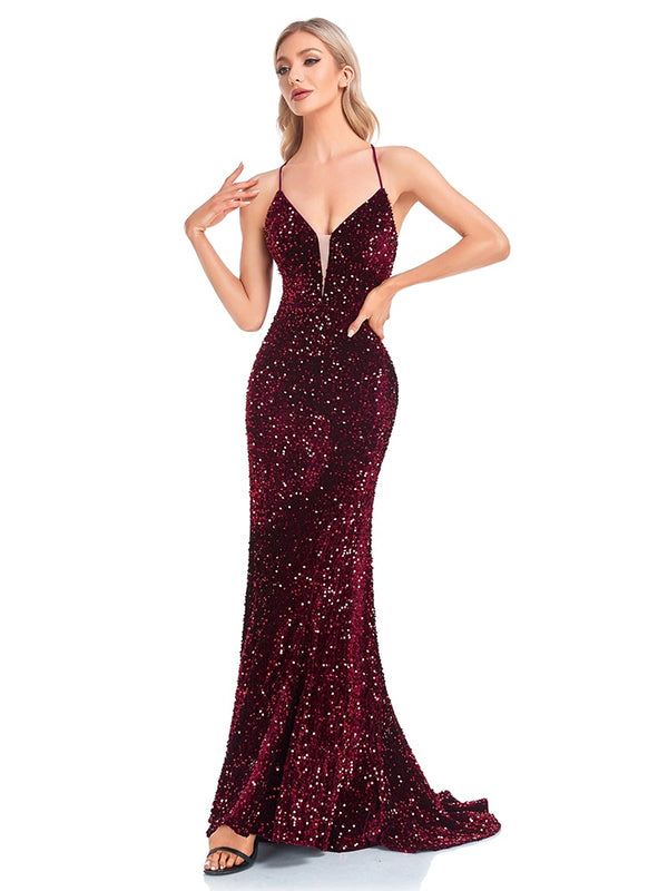 Lucy-in-love Luxury Deep V Neck Burgundy Sequin Evening Dress Wedding Party Maxi Dress Mermaid Long Prom Dress
