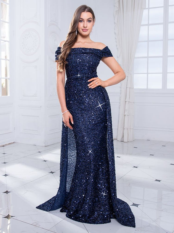 Off Shoulder Dazzling Sequin Fitted Bodice Evening Night Dress with Detachable Skirts Floor Length Party Dress