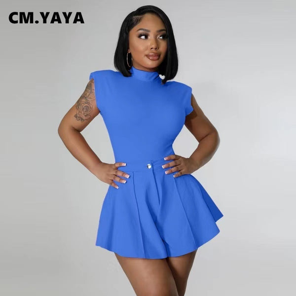 CM.YAYA Elegant Active Women's Set Bodysuit and Flare Shorts Fashion Chic Tracksuit Two Piece Set Fitness Outfit Sweat suit