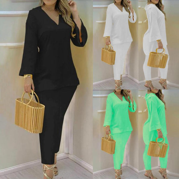 Flare Sleeve V-Neck Long Loose Top Outfit Set Casual Summer Solid Tracksuit Sets Female ensemble femme 2 pièces