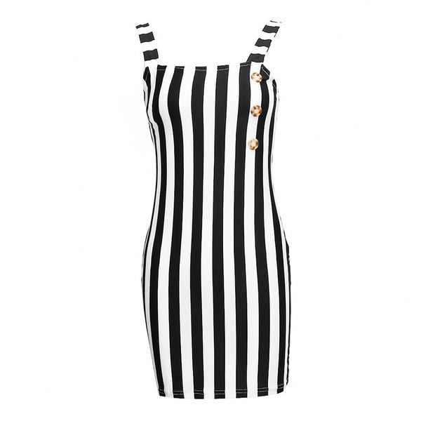 Retro Dress Summer Vertical Striped Dress Button Suspenders Sexy Elegant Sleeveless Mini Dress