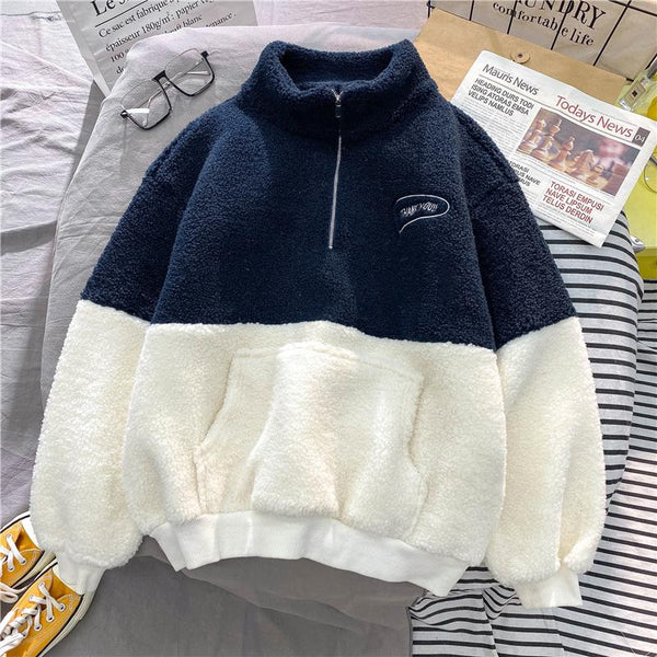 Winter Warmth Polar Fleece Clothes Sweatshirt Harajuku Embroidered Half Zipper Women's Loose Pocket Pullover Hoodies
