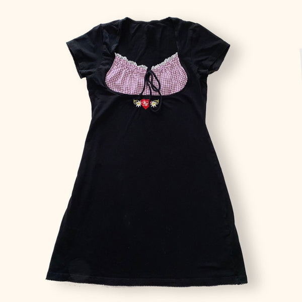 Vintage Kawaii Bow Embroidery Mini Dress Patchwork Square Collar Short Sleeve Black Dress Retro Y2K Aesthetic Fairy Clothes