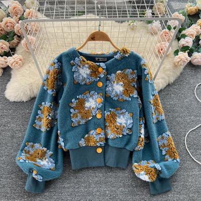 Gaganight Women Three dimensional Flower Long Sleeved Jacket Autumn Winter Color Contrast Retro All Match Loose Female Coat