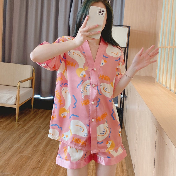 New Luxury Women's Set Ice Silk PJ Cartoon Pajama Pants set Home Clothes Sleepwear 2 Piece Set Women's Pajamas