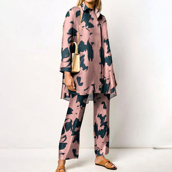 Women Vintage Abstract Print Casual Outfit Sexy Lapel Collar Button Blouses & Long Pants Suit Spring Autumn Loose Two-piece Set