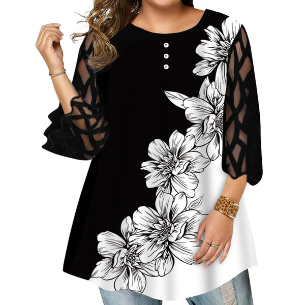 Plus Size Blouse Fashion Summer Mesh See Through Sleeve Floral Print Casual Tee Shirt Big Size Ladies Tops