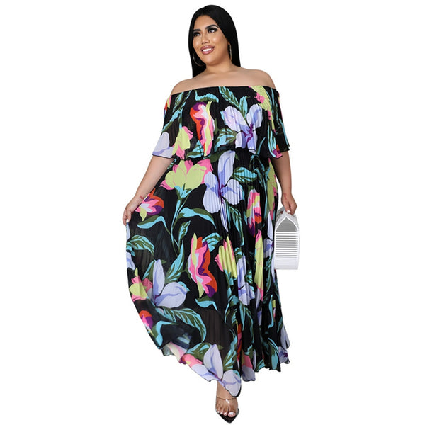 Wmstar Plus Size Dress Women 5xl Off Shoulder Flower Print Elastic Waist Party Pleated Maxi Dress Summer Wholesale Dropshipping
