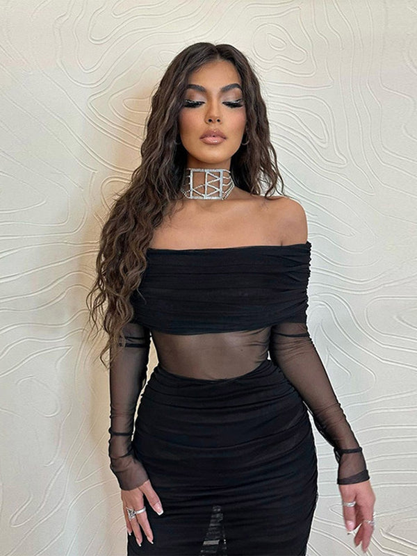 Sexy Mesh See Through Strapless Midi Dress Women Long Sleeve Backless Pleated Dress Spring Female Party Club Slim Dress