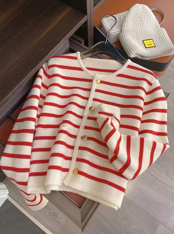 Striped Cotton Knitted Tops Women's Autumn Soft Sweater Cardigan Loose Elegant Ladies Vintage Fashion Aesthetic Clothes Y2k