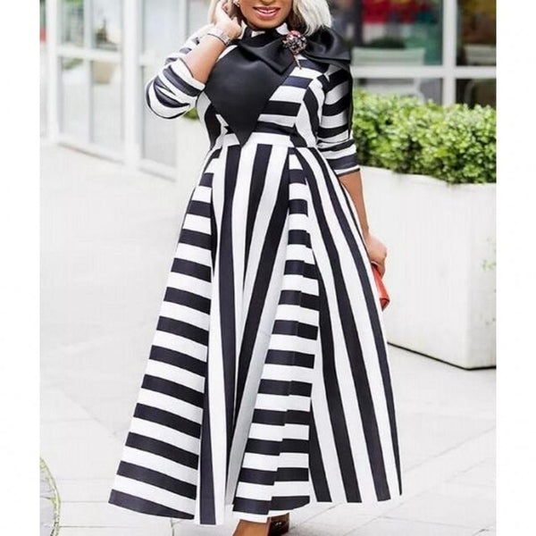 Maxi Dress High Waist Big Swing Robes Gown With Bow Fashion New Stripe Print Elegant Streetwear African Long Dress