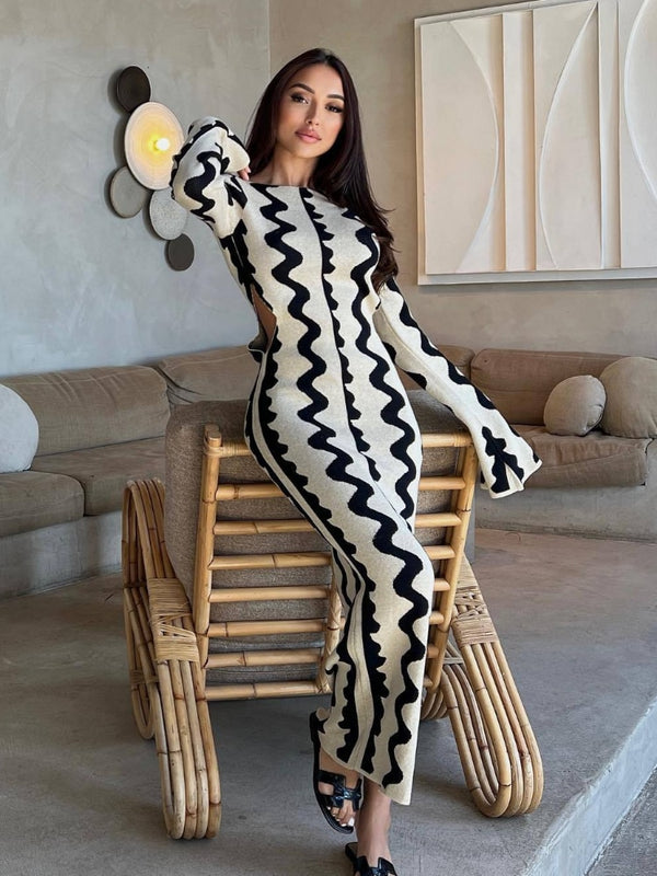 Autumn Knitted Maxi Dress Flare Long Sleeve Bodycon Dress for Women Elegant Sexy Cut Out Wave